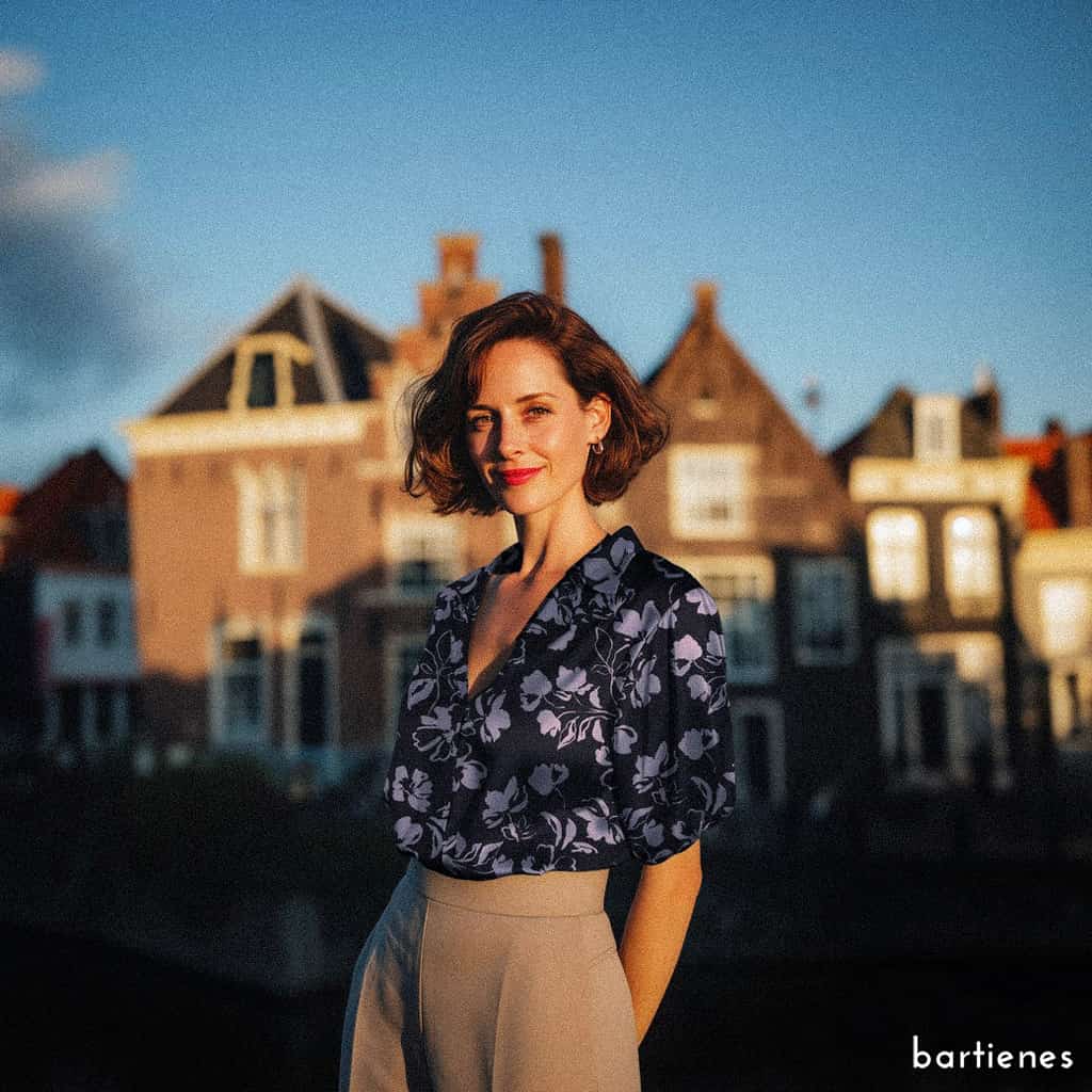dame-mit-bluse-aus-baumwollsatin-in-navy-blau-mit-blumen-in-flieder-vor-niederländischer-häuserzeile
