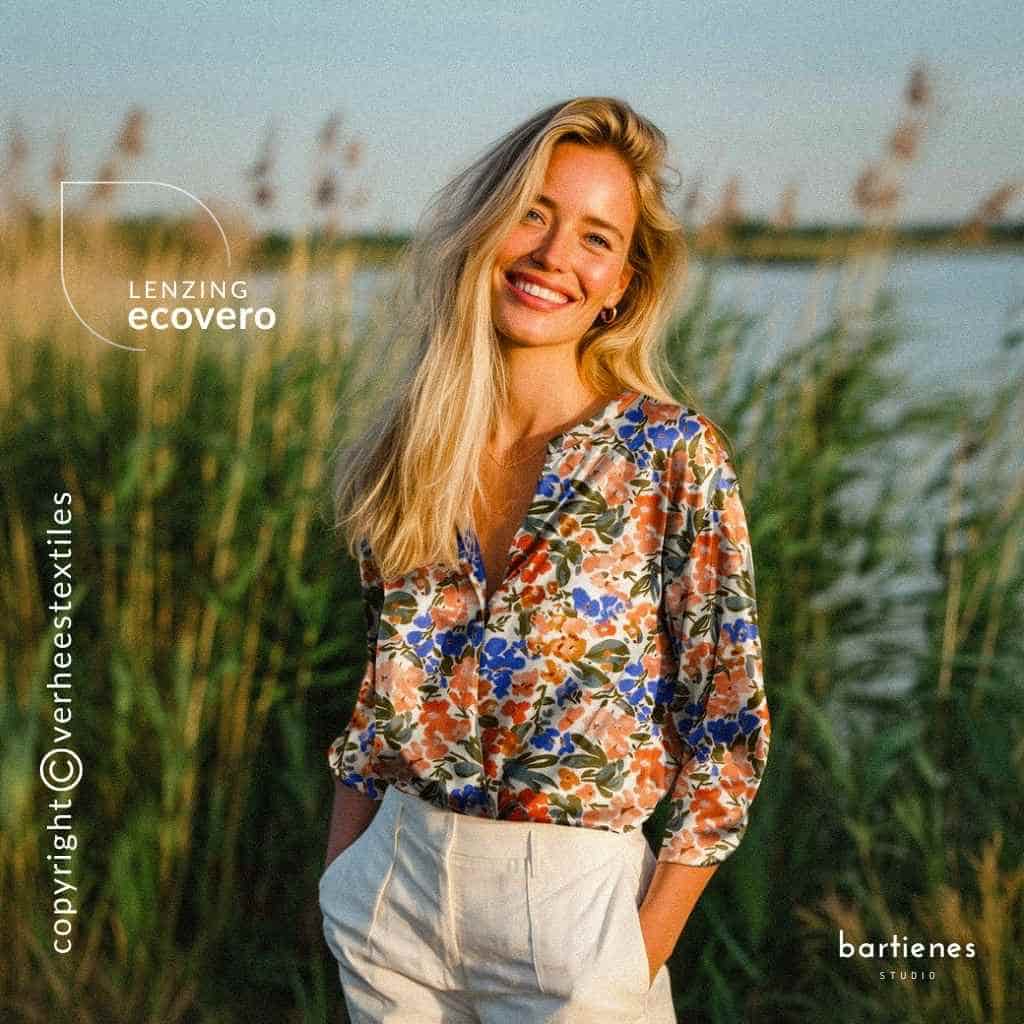 blondes-model-mit-bluse-aus-viskosestoff-in-weiss-mit-blumen-in-orange-terra-koenigsblau-vor-einem-see-und-schilf-hintergrund
