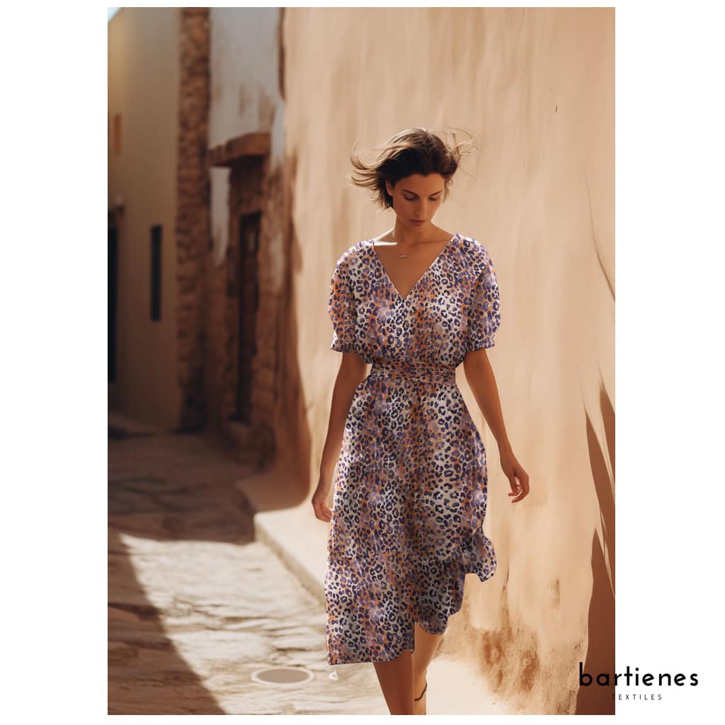 dame-mit-sommerkleid-aus-musselin-stoff-mit-leo-muster-auf-sand-hellbraun-toenen-spaziert-in-suedlaendischem-dorf-mit-putzfassaden-und-naturstein-im-sommer