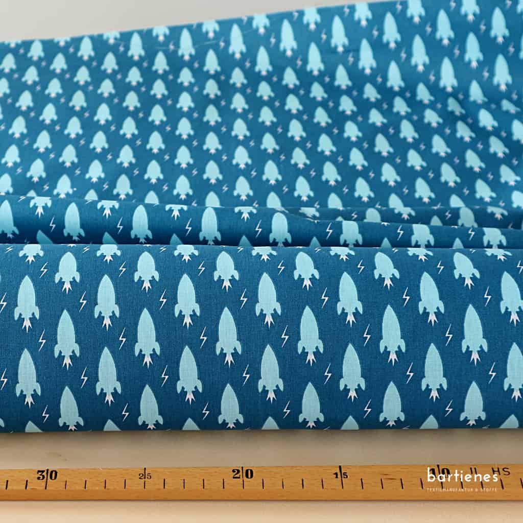 Baumwollstoff Kinder Raketen in Blau-Türkis